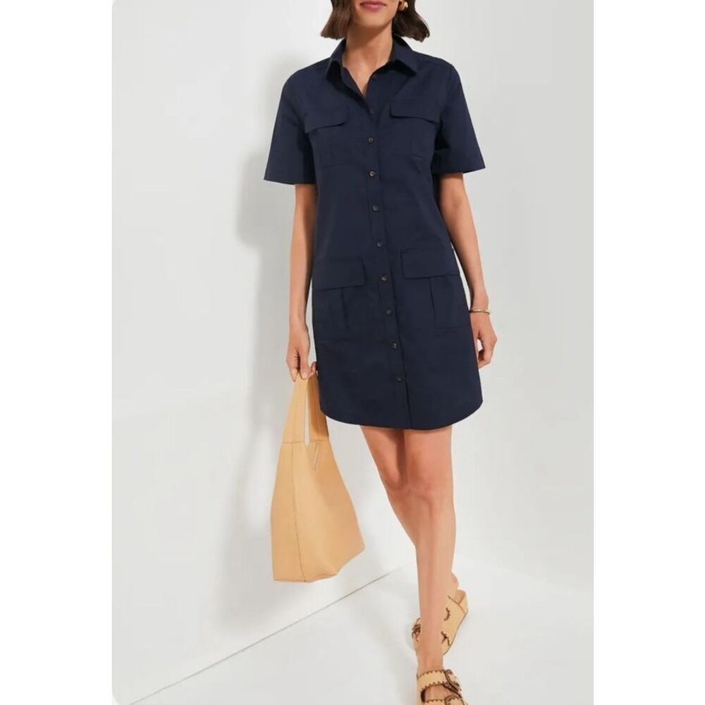 Tuckernuck Womens 100% Cotton Short Sleeve Mini Shirt Dress Navy Large NWT